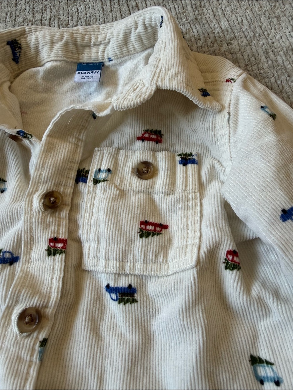 Old Navy Baby Corduroy Christmas Tree Car Shirt 12-18M Button Down